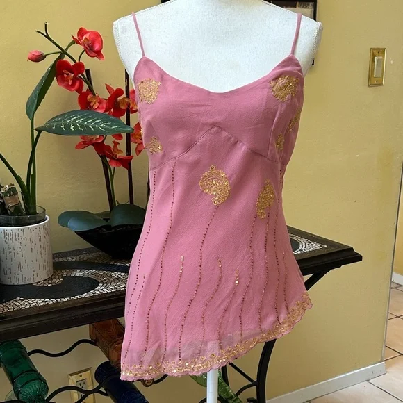 Y2K 90’s🚫SOLD🚫Bead Sequins Pink Lace Fairy core Asymmetrical Hem Camisole Large - Picture 4 of 15